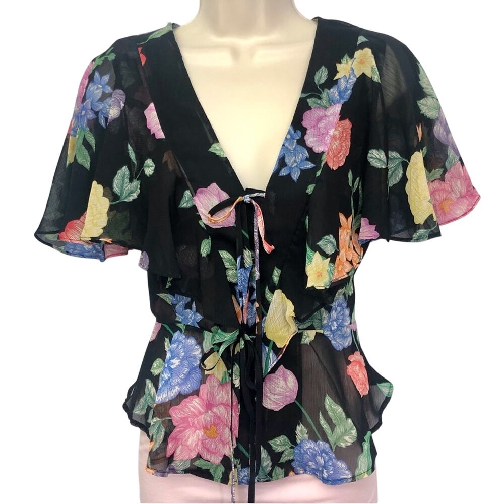 NWT Topshop Sheer Black Floral Flutter Sleeve Top Feminine Flirty Fun - Picture 4 of 16
